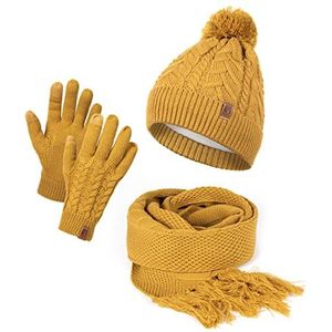 HEYO Damesmuts, sjaal, winterset, gevoerde gebreide muts met pompon, wintersjaal met franjes, touchscreen-handschoenen, mosterdgeel, Normalle Größe
