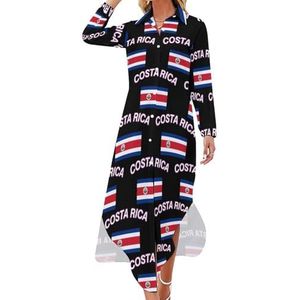 Staatsvlag van Costa Rica Maxi-jurk voor dames, lange mouwen, knoopjurk, casual feestjurk, lange jurk, XL