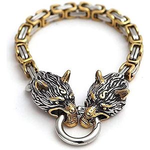 Heren roestvrij staal Viking Wolf Head King Ketting Armband Noorse Mythologie Fenrir Religious Pagan Amulet,Goud,23CM