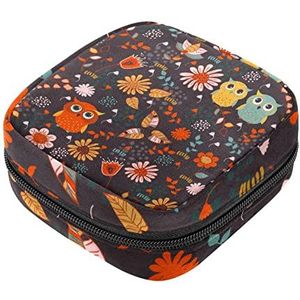Maandverband Opbergtas, Vrouwelijke Product Pouches Draagbare Periode Kit Tas voor Meisjes Vrouwen Dames Leuke Uilen Zonnebloem Bladeren, Meerkleurig, 4.7x6.6x6.6 in/12x17x17 cm