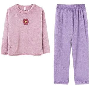 LUBOSE Vrouwen ronde hals pyjama set flanel pyjama huishoudelijke kleding lange mouwen broek tweedelige set (XXL, paars)