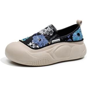 kumosaga Damesmode platformloafers, vrijetijdsschoenen met ronde neus en pailletten, sprankelende instapper-orthopedische schoenen for dames (Color : Noir, Size : EU37)