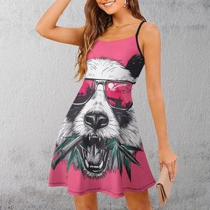 Cool Panda Dragende Bril Vrouwen Zomer Strand Jurk Spaghetti Strap Mini Mouwloze Print Zonnejurk