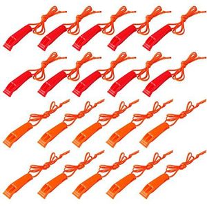 Augsun 20 stuks noodveiligheidsfluitje plastic fluitjes set met lanyard, rood en oranje