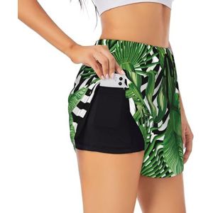 Groene bladeren van palmboom tropische plantenprint vrouwen hoge taille atletische workout shorts tweelaagse gym shorts casual comfortabele sport shorts, Zwart, XL