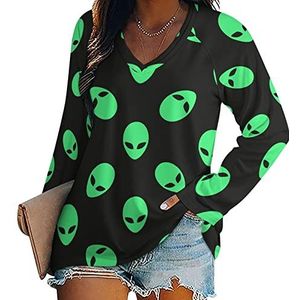 Green Alien Heads Nieuwigheid Vrouwen Blouse Tops V-hals Tshirt Voor Legging Lange Mouw Casual Trui