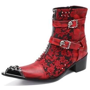 ZZveZZ Zwart Rood Metalen Puntige Lederen Herenschoenen Met Korte Laarzen Met Ritssluiting (Color : Red, Size : 45 EU)