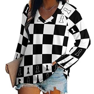 Zwart-wit lay-out van een schaakbord nieuwigheid vrouwen blouse tops V-hals tuniek t-shirt voor legging lange mouw casual trui