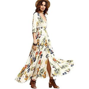 Vrouwen boho print lange jurk zomer retro floral v nek maxi jurken strand avondfeestje elegante zomerjurk-Apricot,L