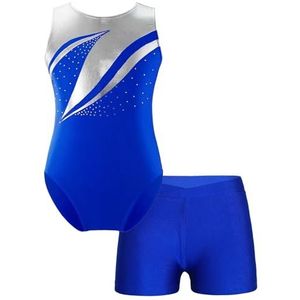 TIYGHI Turnpakje Kinderen Meisjes Glanzende Strass Gymnastiek Turnpakje met Shorts Ballet Dans Schaatsen Yoga Training Performance Body Jumpsuit (Kleur: Koningsblauw, Maat: 12)