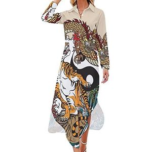 Yin Yang Chinese draak en tijger maxi-jurk voor dames, lange mouwen, knoopsluiting, casual party, lange jurk, 4XL