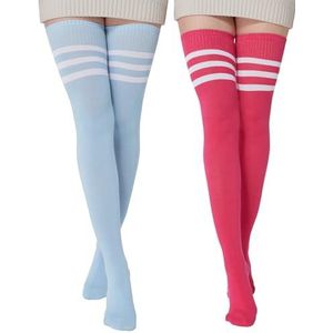BABAHU Dames extra lange katoenen gestreepte dijhoge sokken over de knie hoge sokken, Z-Fuschia&Blauw-02, Eén Maat