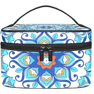 Vintage Retro Etnische Boho Bloemenprint Make-up Tas voor Vrouwen Meisjes Cosmetische Tassen met Handvat Reizen Make-up Organizer Tas, Trippy Mandala Blauw Bloemen, 8.9x5.9x5.4 Inches, Make-up zakje