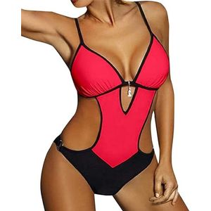 JFAN Eendelig badpak voor dames, trikini, voor zee, strand, zwembad, sexy, eendelig, met push-up, padding, Roos Rood, L