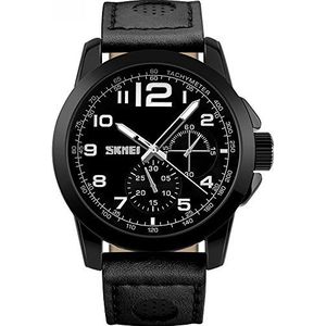 Mens Leather Strap Analog Decorate Sub Dial Quartz Waterproof Sports Watches Outdoors Watch Sk9106 Black