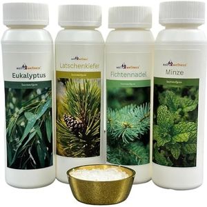 well2wellness® Sauna-opgietset 4 x 125 ml 'Classic 1' met eucalyptus, slapdenden, munt, sparrennaald + gratis 10 g mentholkristallen
