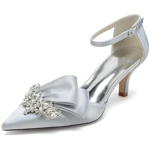 Dames Aangerichte Teen Kitten Hakken Satijnen Bruids Pumps Enkelsluiting Bruiloft Prom Party Jurk Schoenen,Zilver,36 EU