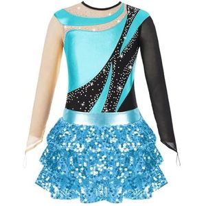 Turnpak met lange mouwen voor meisjes met glanzende pailletten en shorts met rok, kunstschaatspak voor tieners, balletjurken (turquoise, 12)