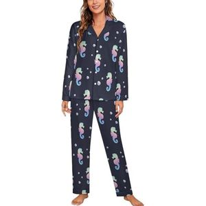 Regenboog zeepaardjes dames lange mouw button down nachtkleding zachte nachtkleding lounge pyjama set L