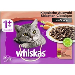 Whiskas 1+ Kattenvoer, Natvoer, in Verschillende Smaken, 48 Porties (4 x 12 x 100 g)