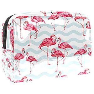Make-up Tas PVC Toilettas met ritssluiting Waterdichte cosmetische tas met Flamingo's Patroon Lichtblauwe Chevron strepen voor vrouwen en meisjes