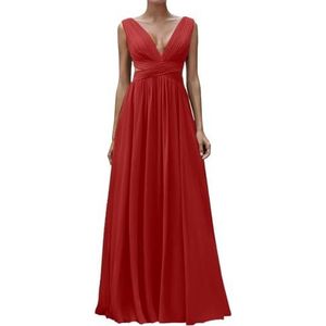 Diepe V-hals Prinses Bruidsmeisjes Jurken Chiffon Galajurken met Split Formele Avondjurk ZM195, Rood, 32