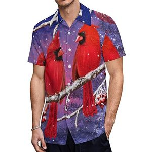 Rode kardinaalvogel zit op besneeuwde takken Hawaiiaanse shirts voor heren, casual overhemd met korte mouwen, knoopsluiting, vakantie strandshirts, 2XL