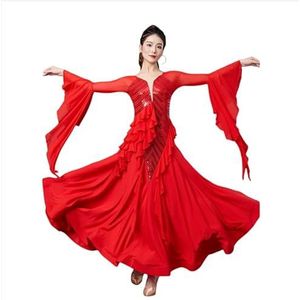 Yhsgscr Professionele Ballroom Wedstrijdjurken Flamenco Foxtrot Dansjurken voor Dames Nationale Standaard Grote Swingrok Wals Moderne Danskleding,Rood,3XL