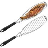 Relaxdays visklem bbq, set van 2, barbecueklem, rubberen handgreep, lengte 58,5 cm, kleine tot middelgrote vis, rvs