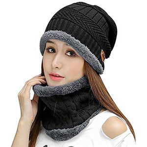 Kuyou Dames beanie muts sjaal set winter colsjaal hoeden mutsen (zwart), zwart, One size