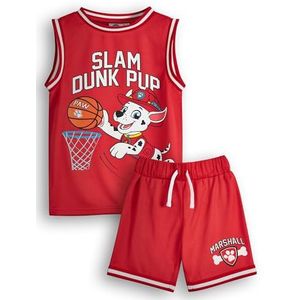 Paw Patrol Set met basketbalshirt en shorts voor jongens | Slam Dunk Pup complete tweedelige sportoutfit opties | Bijpassende sportkleding voor kinderen | Cartoon Merchandise Apparel Gift, Rood, 2-3