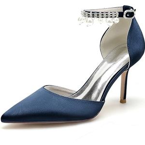 GHSIRUEU Dames Witte Satijn Hakken Stiletto Pompen Gesloten Puntige Teen Parel Enkelband Bruiloft Jurk Schoenen,Marine,35 EU