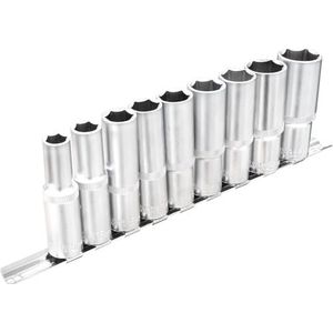 DAKCOS 9-delige zeskant lange dopsleutelset, 1/2 inch metrische diepe socket 10-24 mm, inbus doppenset met metalen rail voor thuis autoreparatie en doe-het-zelf, CR-V, 76 mm lang