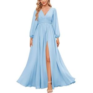 KURFACE Bruidsmeisjesjurken met lange mouwen en split geplooide chiffon formele jurk met mouwen formele jurk, Lichtblauw, 32