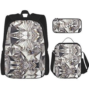 TyEdee Schooltassenset: rugzak met lunchbox, etui - stijlvolle duurzame schoolrugzakset - hondenpatroon, Glitter abstracte diamant kristal patroon, Eén maat, Schooltas Set