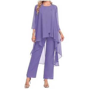 Mother of The Bride broekpak met jas, 3-delig, chiffon sets, ruches lagen, bruiloft, gast, outfit, Lila, 48