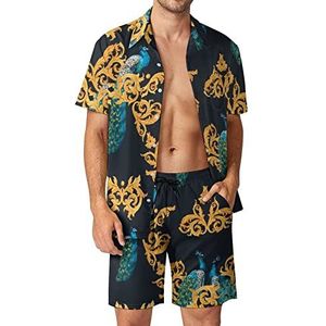 Aquarel Pauw Gouden Patroon Mannen Hawaiiaanse Bijpassende Set 2 Stuk Outfits Button Down Shirts En Shorts Voor Strand Vakantie