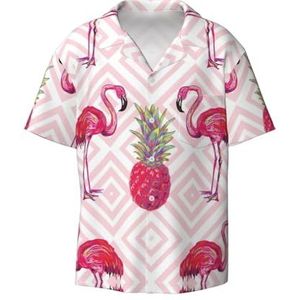 YQxwJL Pride Flag Print Casual Button Down Shirts Korte Mouw Rimpelvrij Zomer Jurk Shirt met Zak, Roze Flamingo Ananas, XL