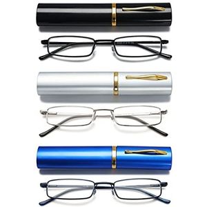 VEVESMUNDO Leesbril voor heren, mini reizen, klein, compact, smal, metaal, leeshulp, bril met etui +1,0, +1,5, +2,0, +2,5, +3,0, +3,5, +4,0, Set A blauw licht filter leesbril met etui, 1.5