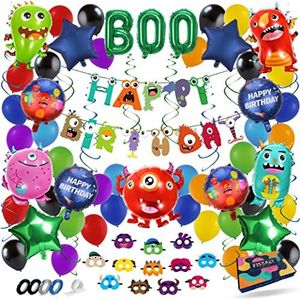 Fissaly® 78 Stuks Monsters Decoratie set Versiering – Thema Feest – Kinderfeest – Incl. Ballonnen, Slingers, Maskers & Accessoires