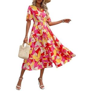 LXZSJEUEO Maxi-jurk voor dames, zomer, bloemenprint, V-hals, lange mouwen, midi-rok, Boheemse maxi-jurk, rood, 1 kleur, M