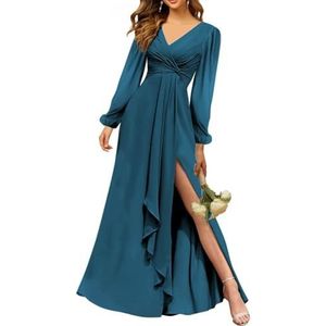 Bruidsmeisjesjurken met lange mouwen voor dames, voor bruiloft, plooien, chiffon, formele avondfeestjurken met split, Pauw, 36