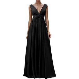 Diepe V-hals Prinses Bruidsmeisjes Jurken Chiffon Galajurken met Split Formele Avondjurk ZM195, Zwart, 32