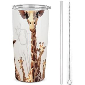 AQRJLPM Leuke cartoon grappige giraffen auto beker roestvrij staal beker met rietje en deksels lekvrij geïsoleerde roestvrij staal reizen koffiemok pobtable voor koude warme dranken camping