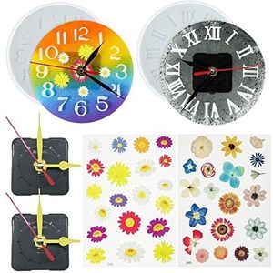 NA Woohome 2 stuks grote klok siliconen hars mal en klok wijzers voor hars gieten, cijfers Arabische cijfers klok siliconen mal met gedroogde bloemen voor doe-het-zelf klok, epoxyhars DIY