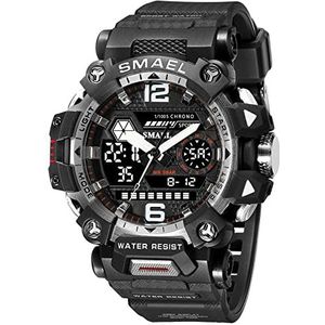 SMAEL Nieuwe Sport Horloges Analoge Digitale Dual Display Polshorloge, 5atm Waterdichte Grote Gezicht Dial Militaire Horloges, Led Backlight Horloge, Zwart en Wit