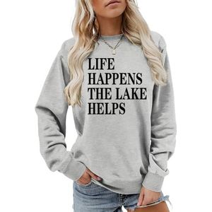 MLZHAN Life Happens The Lake helpt afdrukken vrouwen sweatshirt lange mouw mode sweatshirts ademende losse pasvorm truien, Grijs, M