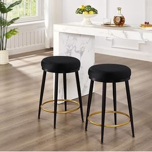 Ball & Cast Moderne metalen frame ronde bar gereedschappen 24 inch Counter Hoogte Stools Set van 2, Backless Upholstered Counter Stool, Black Velvet