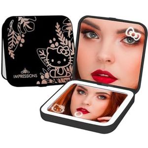 Impressions Vanity Hello Kitty Supercute compacte spiegel met aanraaksensorschakelaar voor instelbare helderheid, verlichte make-upspiegel met ledverlichting en 2x vergrotende spiegelbovenkant (zwart)