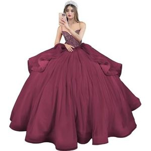 Fuomomo Quinceanera MT054 Jurken met spaghettibandjes, partyjurk met staart, Quinceanera kanten jurk met strik, Quinceanera tule met parels, bordeauxrood, diep, 44
